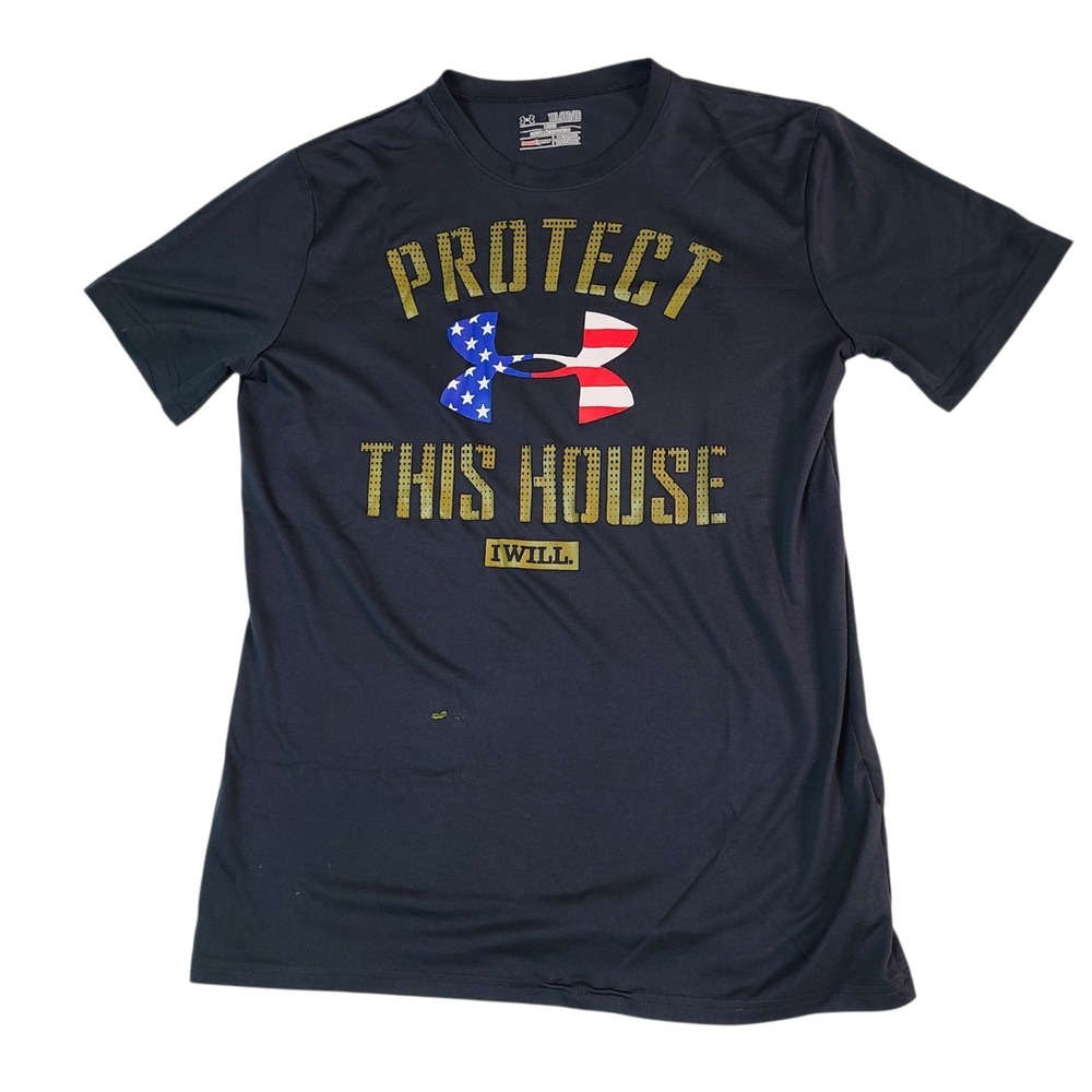 Under Armour Shirt Boys Youth XL Protect This House USA Flag UA HeatGear Loose